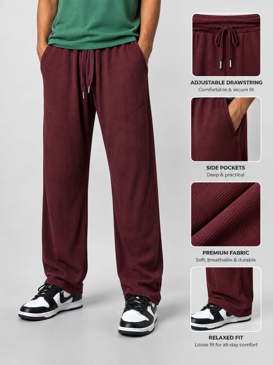 MAROON LUXURY  RIBBED FABRIC TROUSER
