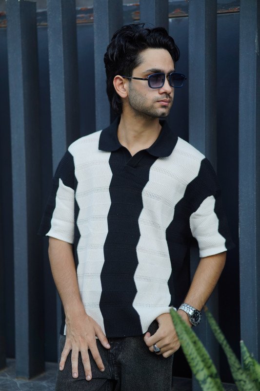 Vertical wavy zig-zag Knit Polo