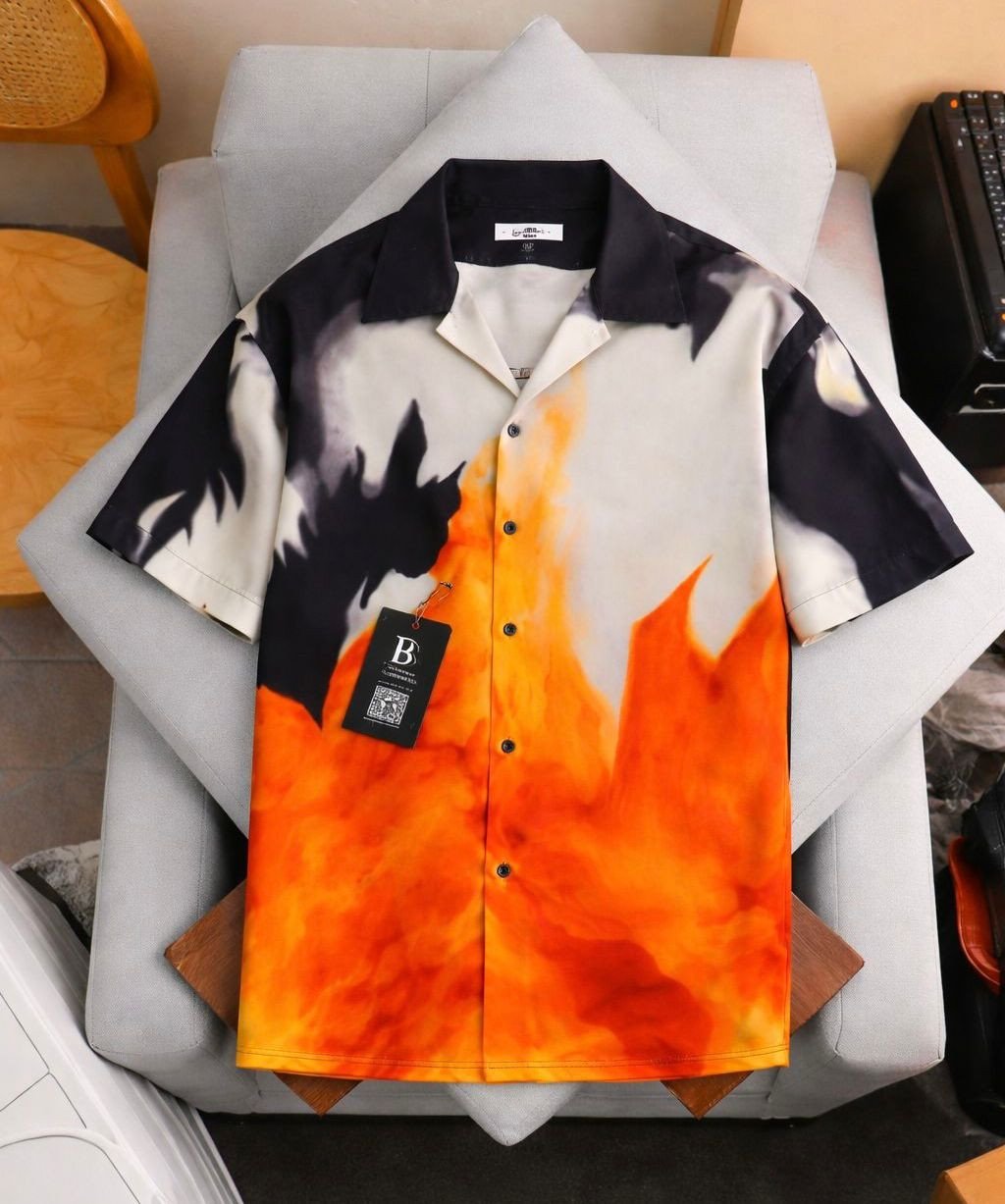 White , Black and Orange Mix  Printed Shirt For Men