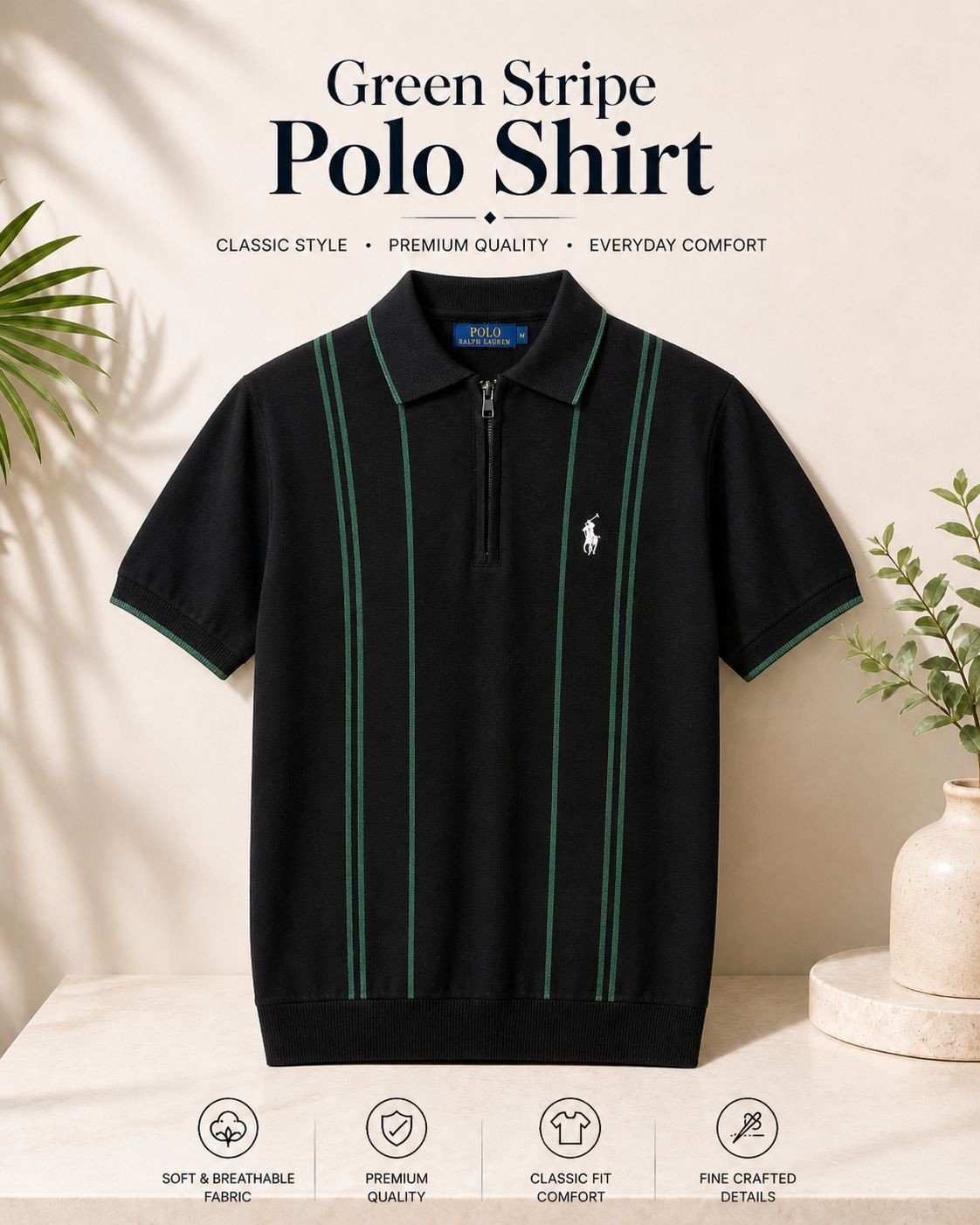 Premium Polo Shirt  in Green Stripe
