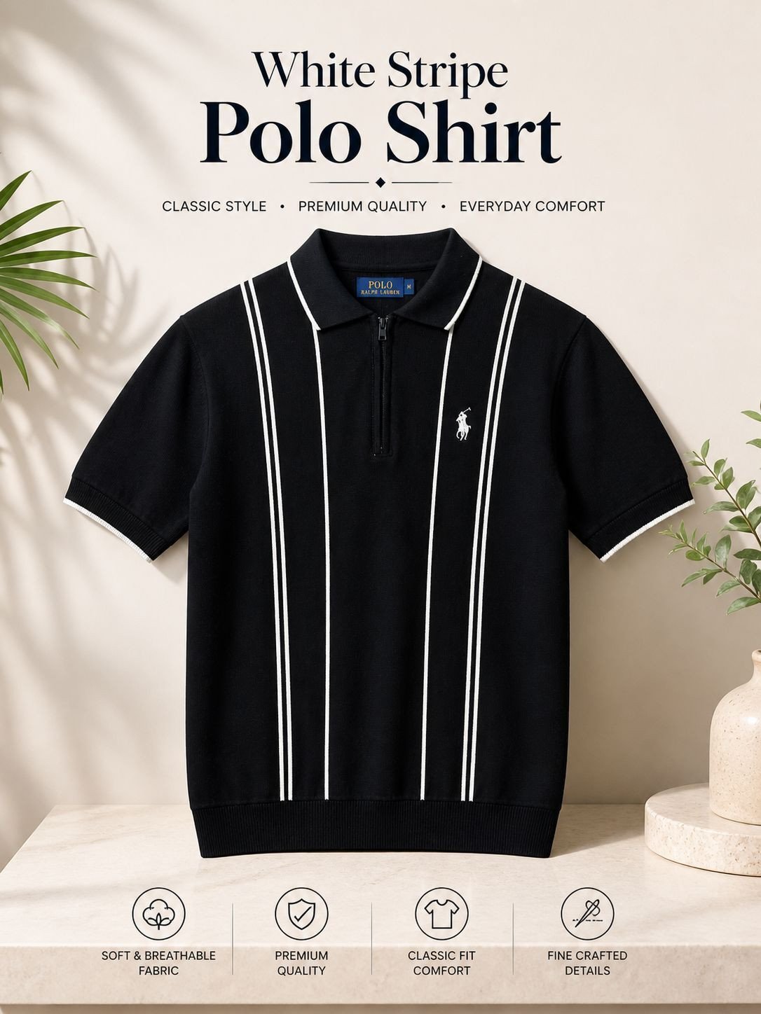 Premium Polo Shirt  in White Stripe