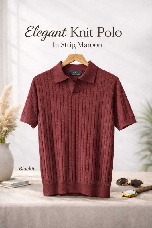 Knit Polo Shirt In Strip Maroon